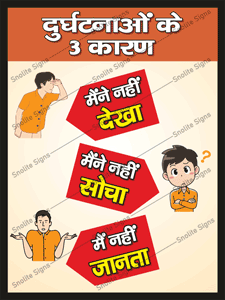  3 Causes of Accidents Sign Board in Hindi, 3 Causes of Accident Safety Slogan Poster in Hindi, Accident Reason Chart & Poster in Hindi