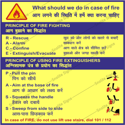 What should we in Case of Fire Safety Sign in Hindi & English, Fire Safety sign board
