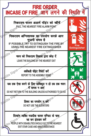 Wall Mounted Fire Order in Case of Fire Sign Board, General Fire Action Chart, Fire Safety instruction Signage
