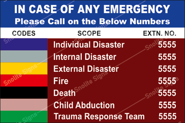 Emergency Colour Codes for Hospital Sign Board, NABH Hospital signs in Hindi & English