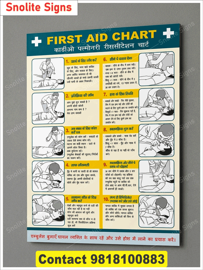 Purchase First Aid Poster in Hindi,  Sunboard CPR and Choking First Aid Chart, First Aid Poster for Factory & Plant, Downloadable First Aid Poster PDF for Printing, A3 Size Basic First Aid Poster for Wall, Workplace Safety First Aid Chart Laminated