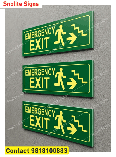 Foam Board Green Emergency Exit Sign With Right Arrow Glow-In-The-Dark, Photoluminescent Emergency Exit Safety Sign Pack of 3, Wall Mount Emergency Exit Sign Board for Buildings, Emergency Exit Green Sign With Running Man Icon