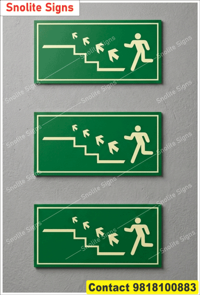 Buy emergency exit stairs sign down left, glow in the dark staircase exit sign for fire escape route, wall mounted waterproof acrylic emergency exit board manufacture in Gujrat,  "bilingual Hindi and English photoluminescent emergency exit sign