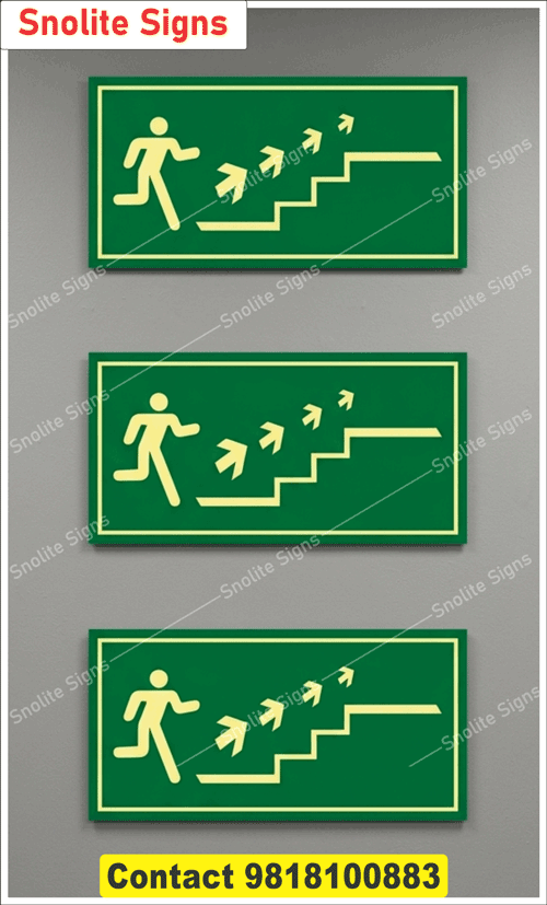 Buy glow in dark fire exit sign for stairs safety, auto glow signage braille signage for blind people, vinyl laminate auto luminescent safety board manufacture near me, Photoluminescent fire exit signs for stairs
