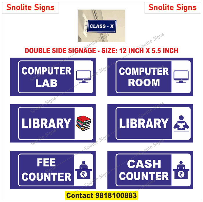 Buy Computer Lab signage, acrylic Computer Room nameplate manufacture, school Fee Counter sign board pdf, sunbaord Cash Counter signage near me, School room name plates, Lab and library signs, Name Plates for Classroom