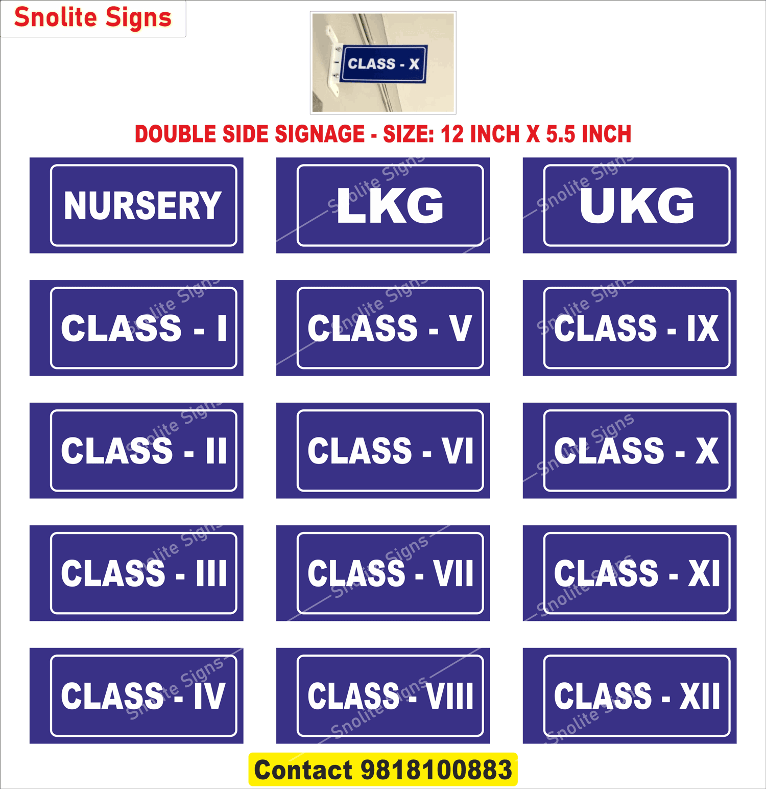 Buy Complete Set of Double Side School Classroom Nameplates & Door Name Plates, Ranging From Nursery, Lkg, Ukg, to Class I Through Class XII, Acrylic Double Side Nursery to Class XII Door Name Plates, Blue School Class Sign Board Manufacturer