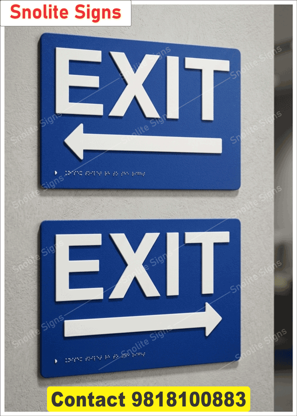 Buy Braille Exit Signs, ADA Compliant Exit Signs for Sale, Blue Tactile Exit Sign With Arrow, Braille Directional Exit Signage Commercial, Wholesale ADA Braille Signs, Commercial Building Exit Signs Braille, Bulk Tactile Braille Exit Sign