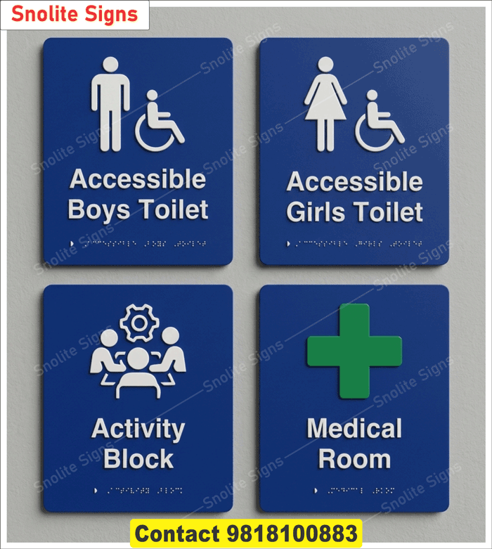Grade 2 Braille School Signage Manufacture, Accessible Restroom Signs With Braille, Accessible Boys Toilet Signs, Accessible Girls Toilet Signs, School Activity Block Signs, Medical Room Signs for Schools in Braille, Buy Tactile Braille Sign Boards