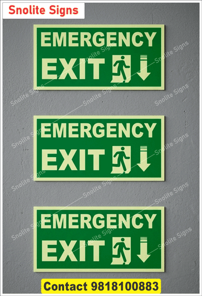 Glow in Dark Sunboard Emergency Exit Sign With Running Man and Down Arrow Sign Board Manufacture Near Me, in Hoshiarpur Punjab, Affordable Fire Safety Sign Posters for Office Building, Industrial Grade Glow in the Dark Exit Signs”