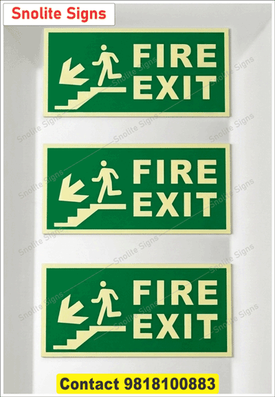 Night Glow Green Fire Exit Sign With Stairs Arrow, Rigid Plastic Emergency Signage, Glow in the Dark Stairs Exit Signage, Glow in the Dark Photoluminescent Fire Exit Sign, Buy Fire Safety Exit Sign Board Dealers in Rajasthan