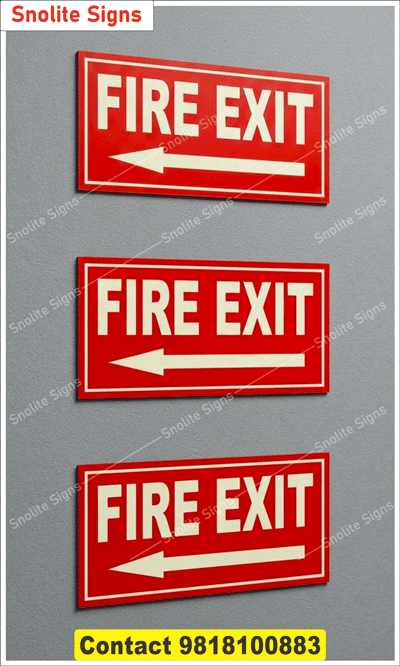 Photoluminescent Fire Exit Sign (Pack of 3) – Glow-in-the-Dark Emergency Directional Arrow Left (Red/Yellow), Glow-In-The-Dark Fire Exit Emergency Sign – Heavy-Duty Weatherproof Vinyl Sticker for Office & Industrial Safety