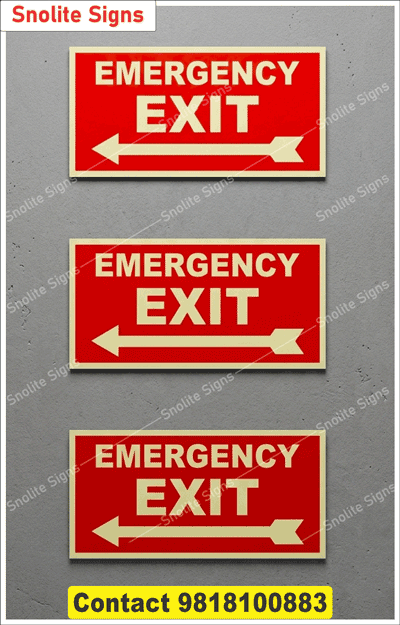 Emergency Exit Sign Board with Left Arrow - High Visibility Red & White Safety Signage, Night Glow Signs / Glow-in-the-dark Prints, Emergency Exit Left Arrow, Fire Safety Signage, and Directional Exit signage for Hospitals