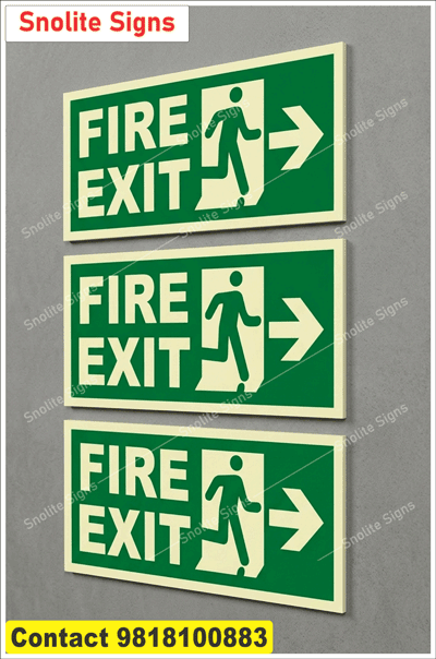 Shop High-Quality, Durable Green Fire Exit Signs Featuring the Running Man and Right Arrow, Fire Exit Signs With Raised Braille Lippi, Buy Vinyl Sticker Suspended Wire-Mount Emergency Led Exit Sign Boards in Hindi & English 