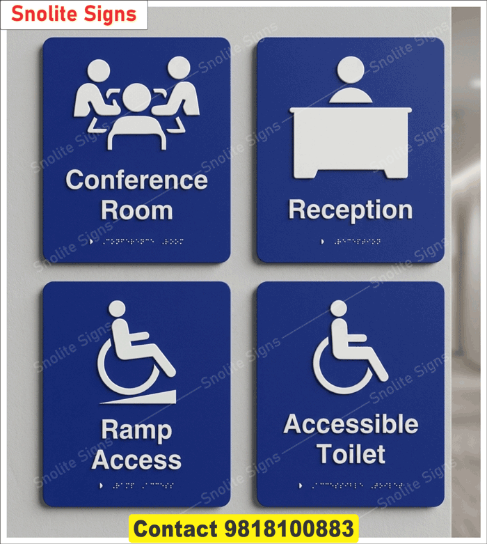 Braille Sign Board Manufacturer, Buy Tactile Braille Sign Boards, Custom Braille Sign Boards, Conference Room Sign Braille, Reception Desk Sign Tactile, Wheelchair Ramp Access Signage, ADA Accessible Toilet Sign, Blue and White ADA Signs