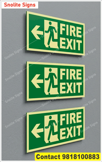 Buy Green Fire Exit Signs With Left Arrow Auto Glow, Buy Acrylic Auto Glow Exit Sign Boards, Glow-In-The-Dark Safety Signs in Hindi & English Size 12 X 4 Inch, 12 X 6 Inch Delhi Ncr, Buy Photoluminescent ADA Compliant Fire Exit Signs