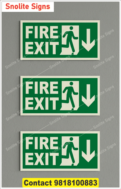 High-Quality Sun Board Glow in Dark Green Fire Exit Signs Featuring a Running Person Symbol and a Downward Arrow, Green Fire Exit Signs With Down Arrow Symbol, Buy Fire Safety Exit Sign Board Dealers in Nagaland and Assam