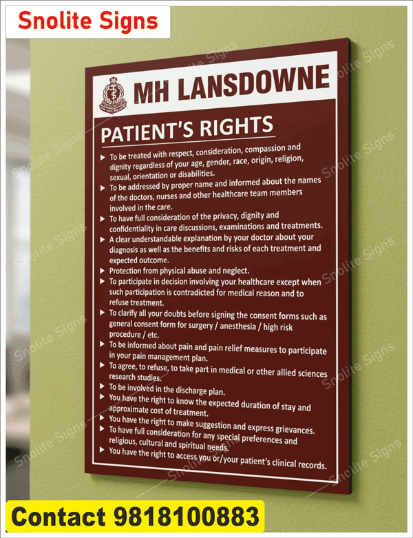 Military Hospital Signs Board, Buy Patient Rights Hospital Sign Board, Hospital Patient Rights Charter Sign Online, Patient Rights and Responsibilities Display Board, Custom Hospital Signage Manufacturers, Hospital Board Manufacturers in Delhi