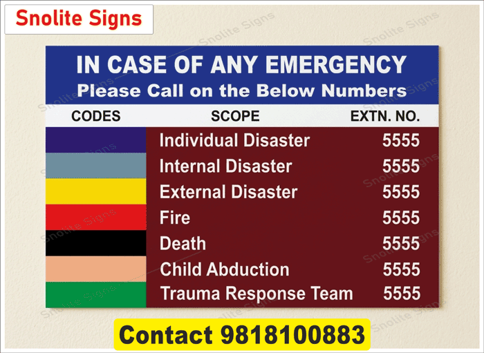 Purchase Hospital Emergency Codes Signage, Acrylic Pvc Disaster Fire Poster, Hospital Emergency Numbers Signage , Hospital Emergency Codes, Medical Alert, Safety Compliance Signage, Healthcare Facility, Protocol Board