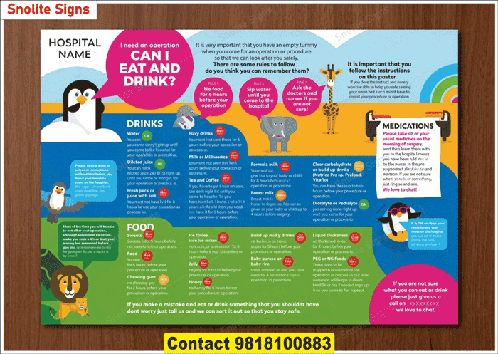 Buy Pediatric Pre-Operative Fasting Guidelines Infographic Poster for Hospitals, Hospital signage procurement, Pediatric clinic decoration and signage, Pediatric pre-operative fasting guidelines poster, Wholesale hospital poster printing