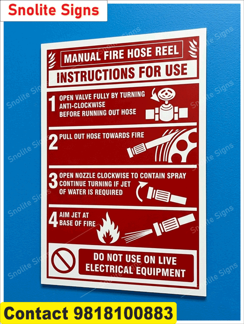 Fire hose reel instruction sign, Manual fire hose reel sign, Fire hose reel operating instructions, Fire safety instruction signage, Commercial fire safety signs, Fire extinguisher and hose reel signage, Photoluminescent fire hose reel sign