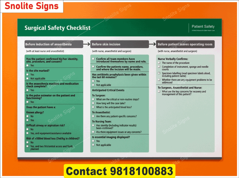 Buy WHO Surgical Safety Checklist sign board for hospital, custom clinical checklist signage supplier, NABH Signage, NABH Sign Board, NABH Hospital sign, List of Hospital signages, Guide for NABH Approved Signage