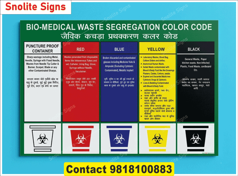 Buy Hospital Bio-medical waste segregation chart in Delhi, Buy Hospital Medical waste color code poster in Chandigarh Punjab, Buy Hospital waste management sign board in Noida, Buy Hospital BMW disposal guidelines signage in Gurugram