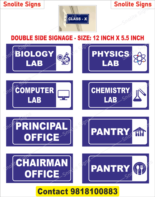 Double side signage, School signage boards, Classroom wall signs, Biology Lab signage, Physics Lab sign board, Computer Lab nameplate, Chemistry Lab school sign, Principal Office sign board college, Chairman Office signage in school