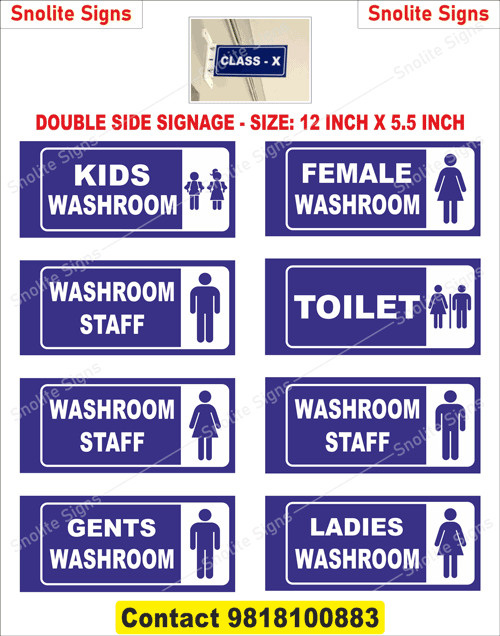 Classroom name plates manufacturers in Delhi NCR, Commercial restroom signs, Double-sided door signage, Office washroom boards, School toilet signs, Male female toilet plaques, Custom wall signs, Wayfinding corridor signage